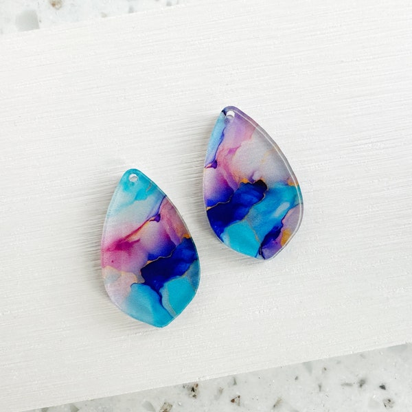 Aqua blue and pink marble ink print Earring blanks -4pcs l Plexi Earring Findings, Acrylic Earring Pendants, Blanks, DIY Jewelry Supplies