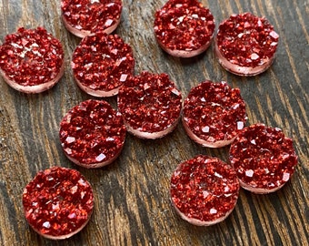 Red 10mm crystal glitter faux druzy Cabochons 10pcs  l Earring making jewelry supplies, Round resin bezel Cabochon DIY supplies
