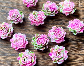 Pink and Green Peony Resin Cabochons: 14mm Flower, DIY Jewelry Supplies (10pcs)