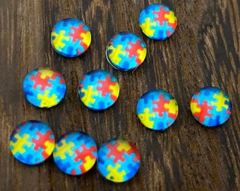 Autism Puzzle Glass Cabochons: 8mm Jewelry Making Supplies - 10pcs