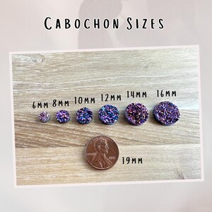a collection of colorful, glittery objects, including small, round, and round-shaped items, arranged on a wooden surface. The objects are labeled with their sizes, ranging from 6mm to 19mm, and are accompanied by a penny for scale. The image is described as a collage of multiple images, and the text is limited to avoid redundancy and vague wording.