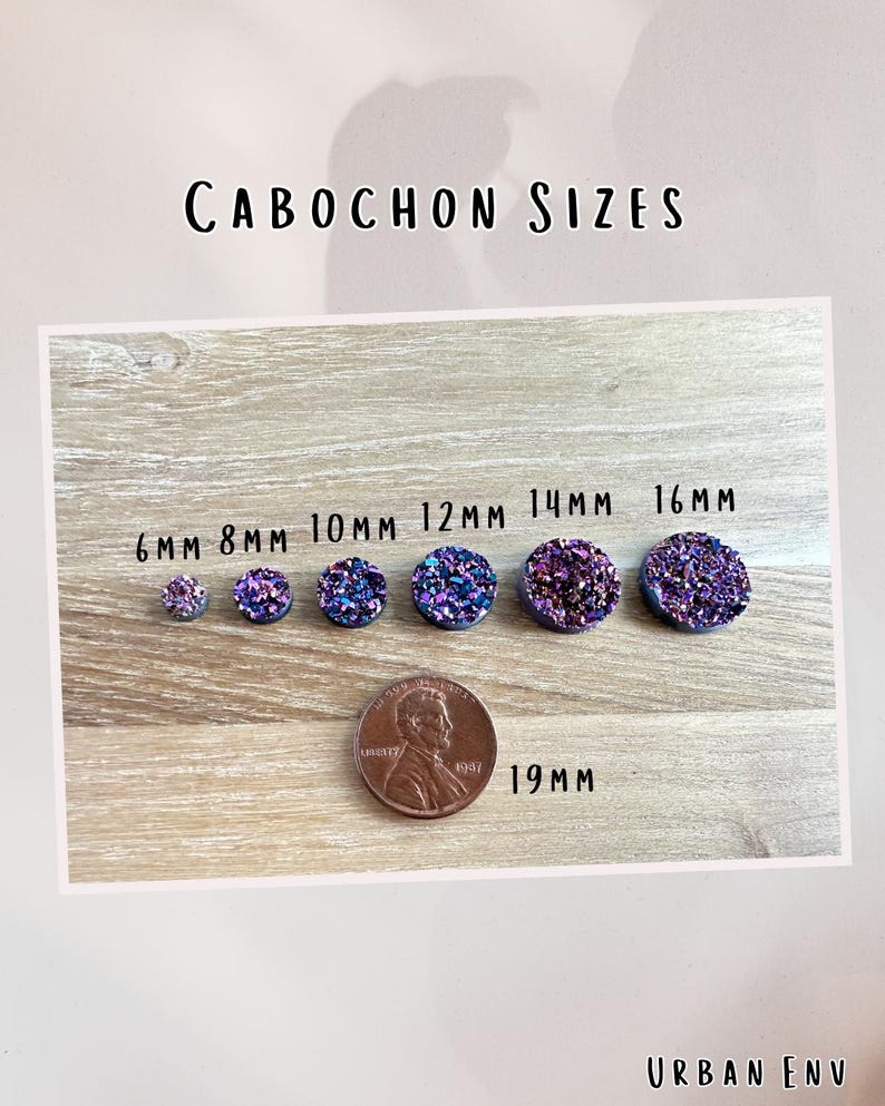 a collection of colorful, glittery objects, including small, round, and round-shaped items, arranged on a wooden surface. The objects are labeled with their sizes, ranging from 6mm to 19mm, and are accompanied by a penny for scale. The image is described as a collage of multiple images, and the text is limited to avoid redundancy and vague wording.
