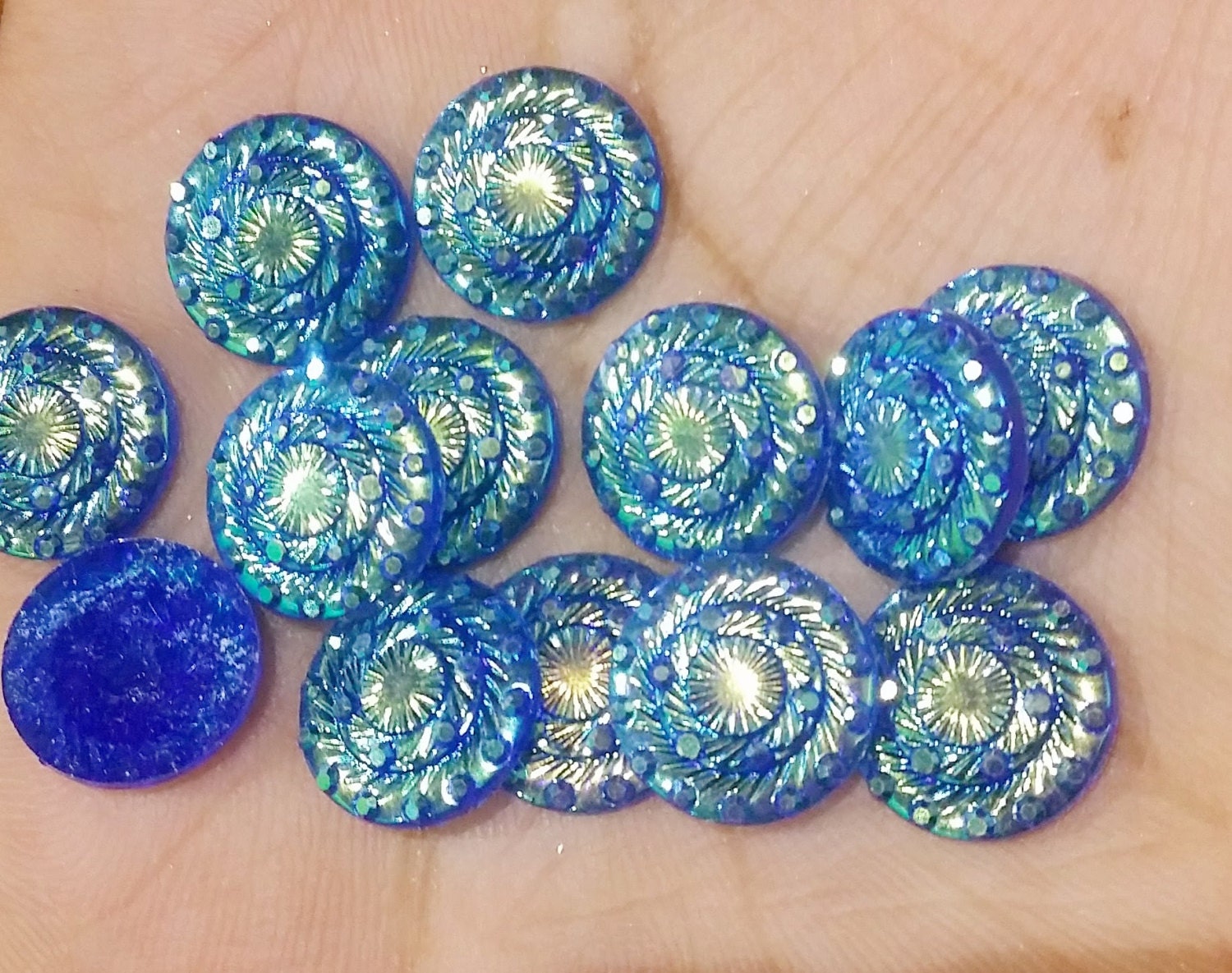 Ab blue 12mm resin sparkle coin cabochons 10pcs | Etsy