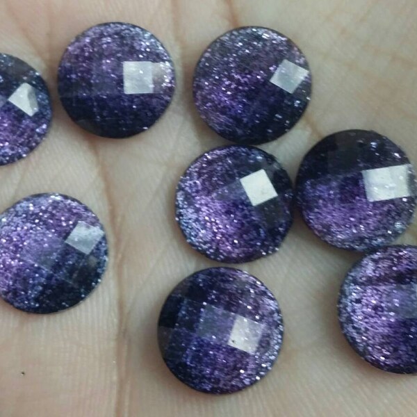 Faceted Purple Glitter 12mm resin cabochon- 8pcs  l Earring making jewelry supplies