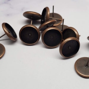 Copper tone 10mm tray cabochon earring setting 8pcs Earring making jewelry supplies, Bezel cabochon stud setting DIY supply