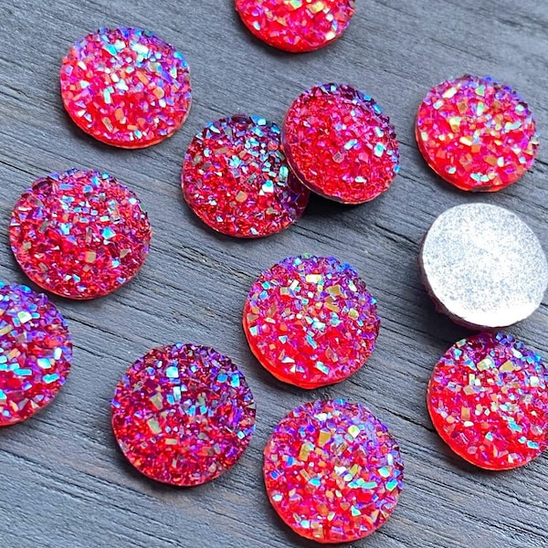 Ab ruby 12mm flat faux druzy Cabochons 10pcs l Earring making jewelry supplies, Round resin bezel Cabochon DIY
