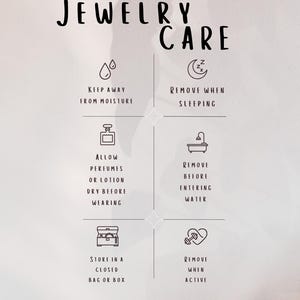 The image is a guide to jewelry care, providing instructions on how to properly care for and store various types of jewelry.