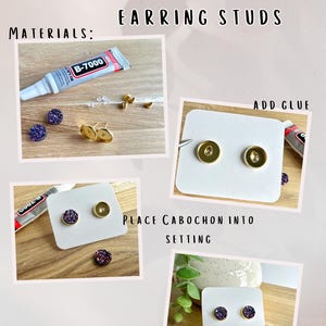 The image is a collage of four photos showing the step-by-step process of assembling earring studs. It includes materials such as a tube of glue, earring studs, and a white card. The photos depict the initial stages of assembly, with the materials and earring studs placed on the card, and the final product of the earring studs attached to the card.