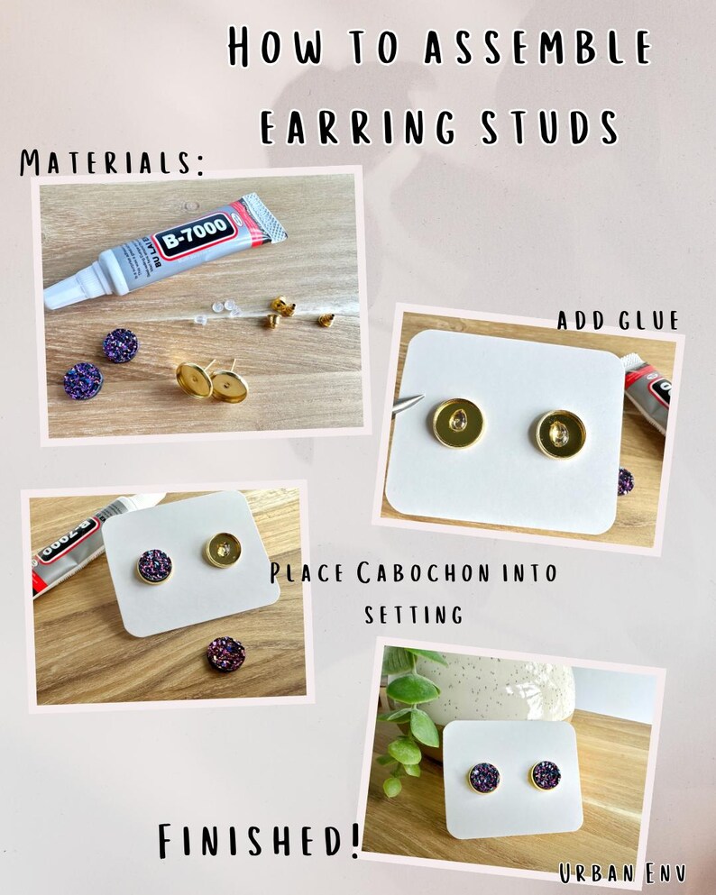 The image is a collage of four photos showing the step-by-step process of assembling earring studs. It includes materials such as a tube of glue, earring studs, and a white card. The photos depict the initial stages of assembly, with the materials and earring studs placed on the card, and the final product of the earring studs attached to the card.