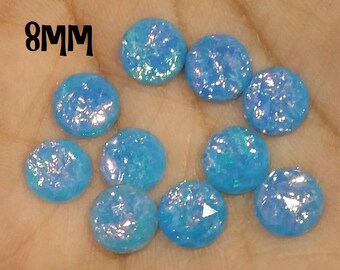 Sky Blue Fire Opal Resin Cabochons: 8mm Faceted, 10pcs DIY Jewelry Supplies