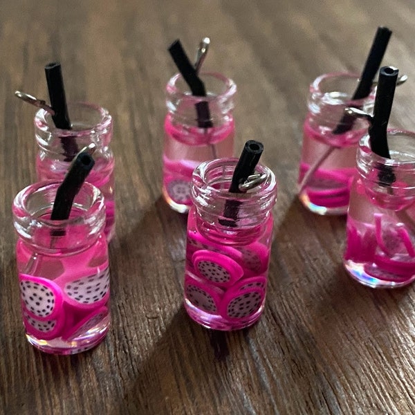 Dragon fruit infused water in glass mason jar pendants 25x10mm - 6pieces l Earring making jewelry supplies, Cabochon DIY supply Charms