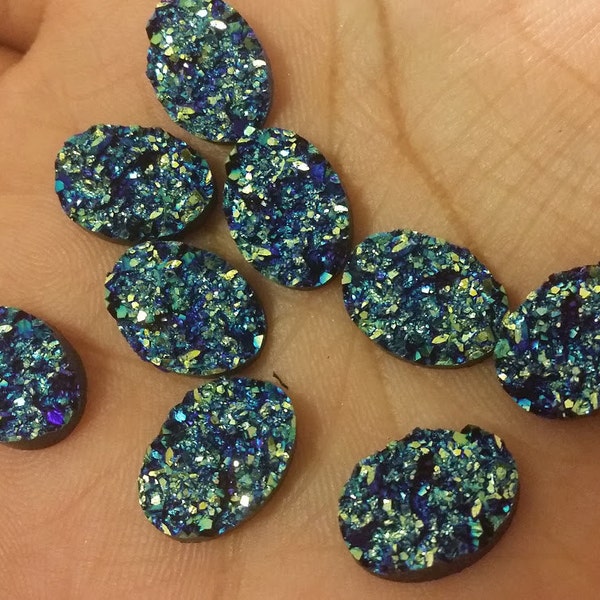 metallic blue faux druzy nugget 10x14mm ovals 8 pcs l Earring making jewelry supplies, Resin Oval Cabochon DIY supplies