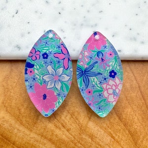 Light blue floral print Earring blanks -4pcs l Plexi Earring Findings, Acrylic Earring Pendants, Blank Components, DIY Jewelry Supplies