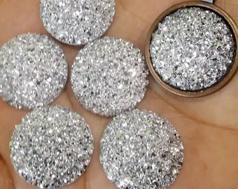 Silver 25mm Flat Faux Druzy Cabochons 6pcs l Earring making jewelry supplies, Resin round Cabochon DIY supplies
