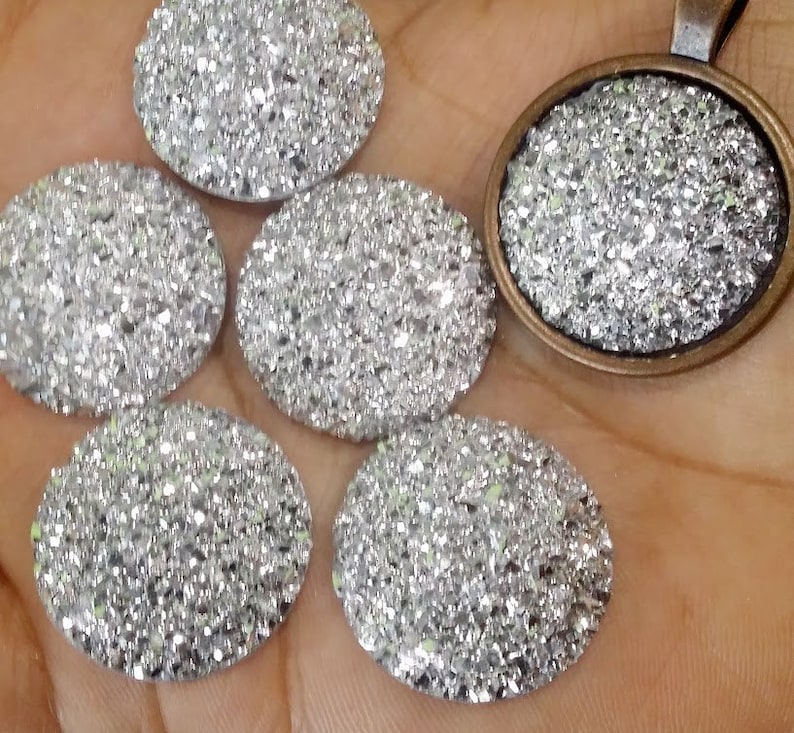 Silver 25mm Flat Faux Druzy Cabochons 6pcs