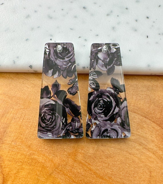 Black Roses Print Earring Blanks -4pcs L Plexi Earring Findings