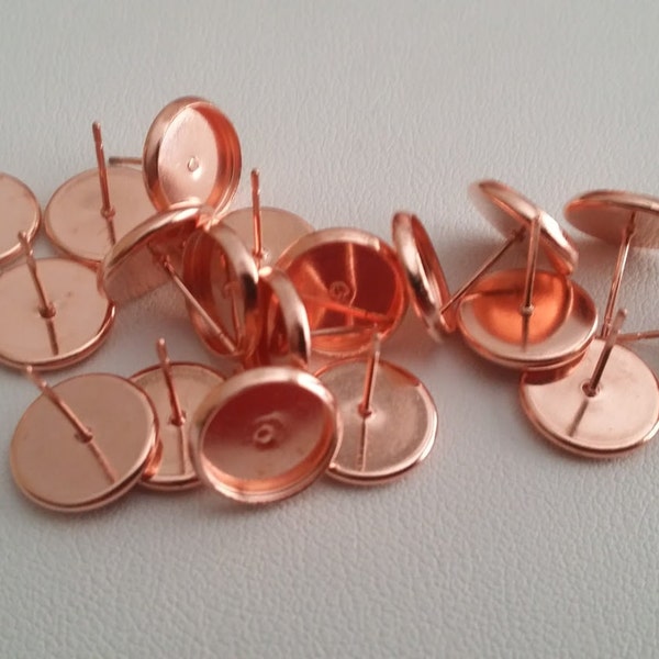 Rose Gold tone 10mm tray cabochon earring setting 10pcs Earring making jewelry supplies, Bezel cabochon stud setting DIY supply