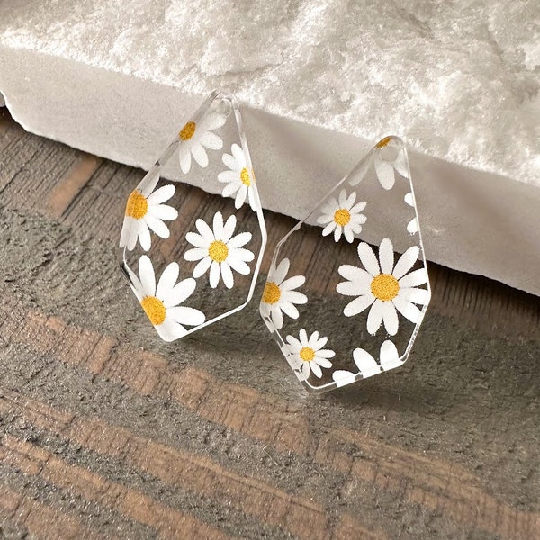 White daisy floral print Earring blanks -4pcs l Earring Findings, Acrylic Earring Pendants, Jewelry Components, DIY Jewelry Supplies