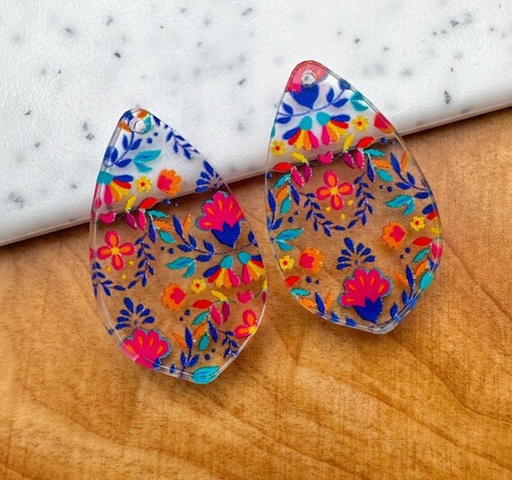 Folk Floral Print Earring Blanks -4pcs L Plexi Earring Findings