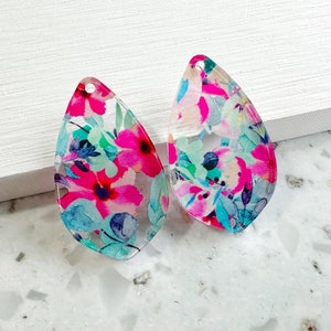 Mint and Pink floral cluster print Earring blanks -4pcs l Plexi Earring Findings, Acrylic Earring Pendants, Blanks, DIY Jewelry Supplies
