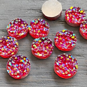 AB Ruby Red Druzy crystal Cabochons: 10mm Resin Flatback, DIY Jewelry Making (10pcs)