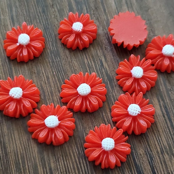 Red Daisy 13mm flat bottom flower resin Cabochons 10pcs l Earring making jewelry supplies, Resin flower Cabochon DIY supplies