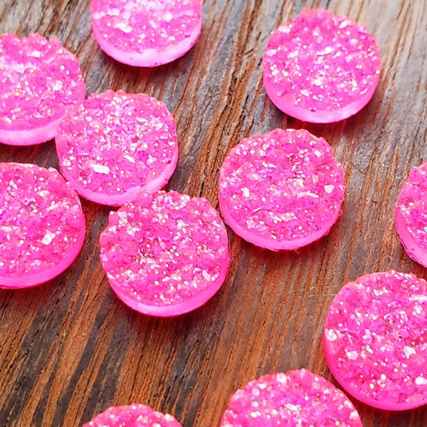 Neon hot pink 12mm glitter Faux Druzy Cabochons 10 pcs l Earring making jewelry supplies, Round resin bezel Cabochon DIY