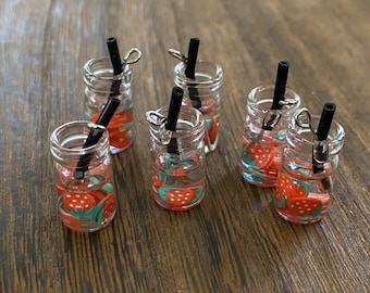 Strawberry infused water in glass mason jar pendants 25x10mm - 6pieces l Earring making jewelry supplies, Cabochon DIY supply Charms