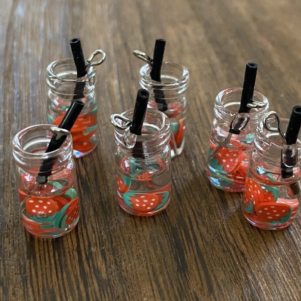 Strawberry infused water in glass mason jar pendants 25x10mm - 6pieces l Earring making jewelry supplies, Cabochon DIY supply Charms