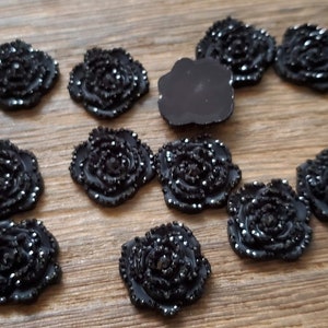 Black 14x3mm flat bottom druzy rhinestone rose resin Cabochons 10pcs l Earring making jewelry supplies, Resin flower Cabochon DIY supplies