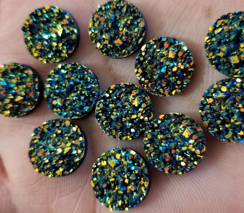 Metallic green gold crystal faux druzy 14mm Cabochons 8 pcs