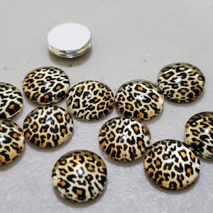 Leopard Print Glass Cabochons: 10mm Round Bezels, Jewelry Making - 10pcs