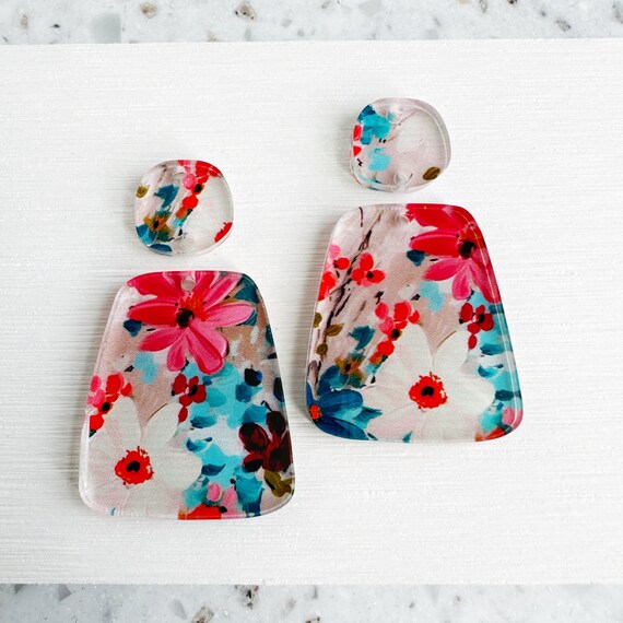 Floral Print Earring Blanks -4pcs L Plexi Earring Findings