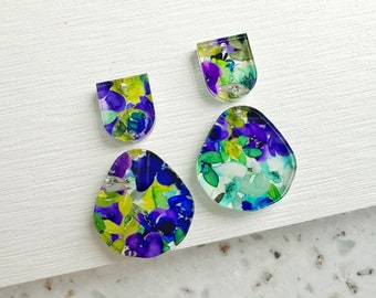 Purple blue green floral cluster print Earring blanks -4pcs l Plexi Earring Findings, Acrylic Earring Pendants, Blanks, DIY Jewelry Supplies