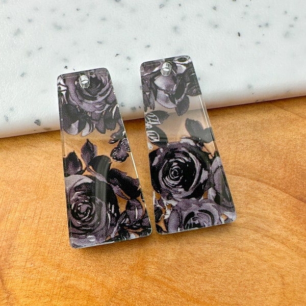 Black roses print Earring blanks -4pcs l Plexi Earring Findings, Acrylic Earring Pendants, Blank Components, DIY Supplies