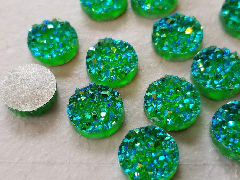 Ab Green 12mm Crystal Faux Druzy Cabochons 10 pcs