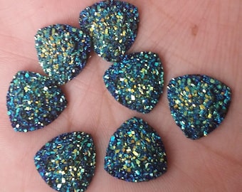 Metallic blue green  faux druzy flat triangles 16mm Cabochons 6pcs