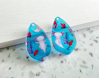 Axolotl in water print Earring blanks -4pcs l  Earring Findings, Acrylic Earring Pendants, Jewelry Components, DIY Jewelry Supplies