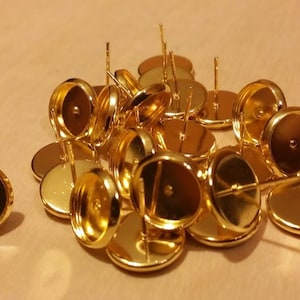Gold tone 10mm tray cabochon earring setting 10pcs Earring making jewelry supplies, Bezel cabochon stud setting DIY supply