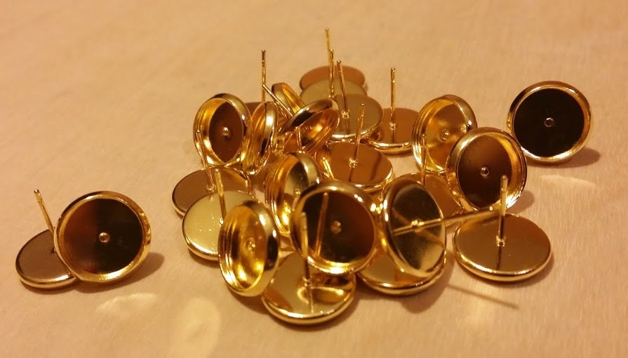 Gold tone 10mm tray cabochon earring setting 10pcs Earring making jewelry supplies, Bezel cabochon stud setting DIY supply