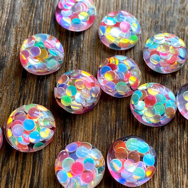 Ab Multicolor circle glitter transparent 12mm Resin dome Cabochons - 10 pcs l Earring making jewelry supplies