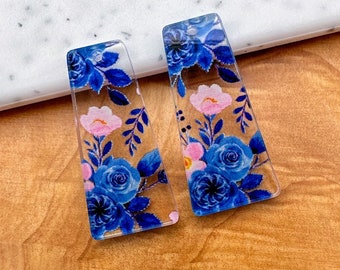 Blue and pink floral print Earring blanks -4pcs l Plexi Earring Findings, Acrylic Earring Pendants, Blank Components, DIY Jewelry Supply