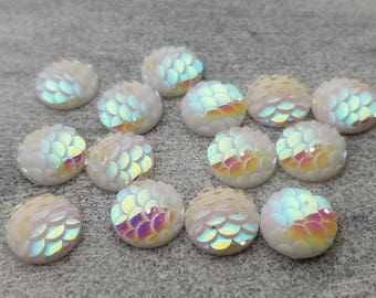 ab opal white 10mm mermaid fish scales 10pc resin cabochons l Earring making jewelry supplies, Resin round Cabochon DIY supplies