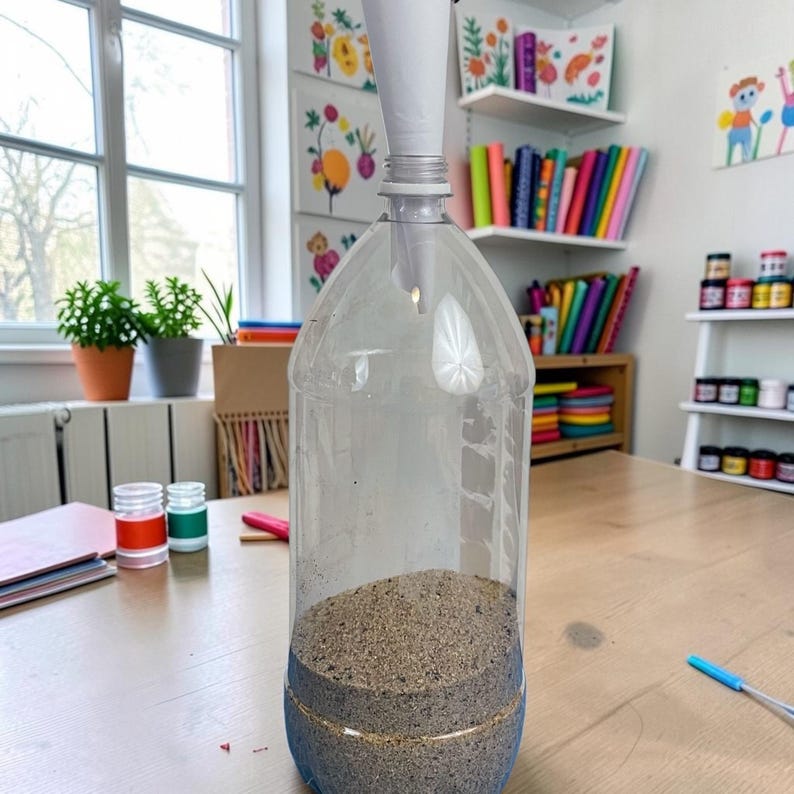 Pu&ograve; includere: Una bottiglia di plastica trasparente con un imbuto di carta bianca inserito nel collo. La parte inferiore della bottiglia &egrave; riempita di sabbia marrone chiaro e la base esterna &egrave; dipinta con una fascia blu solida che circonda la parte inferiore.