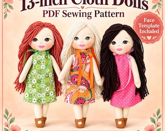 Cloth Doll Sewing Pattern PDF – Rag Doll with Yarn Hair & Face Template