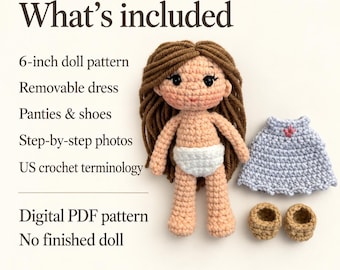 Talula Crochet Doll Pattern PDF – 6-Inch Amigurumi Doll with Removable Dress, Panties and Shoes
