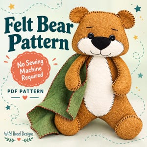 Eenvoudig naaipatroon voor een vilten teddybeer (PDF) met dekentje, inclusief foto-handleiding voor het handnaaien.