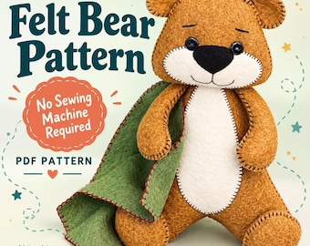 Easy Felt Teddy Bear Sewing Pattern PDF with Blanket, Hand Sewing Photo Tutorial