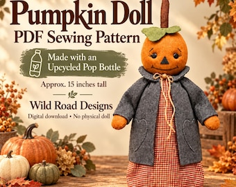 Pumpkin Doll Sewing Pattern PDF, Pop Bottle Pumpkin Girl, Primitive Fall & Halloween Decor