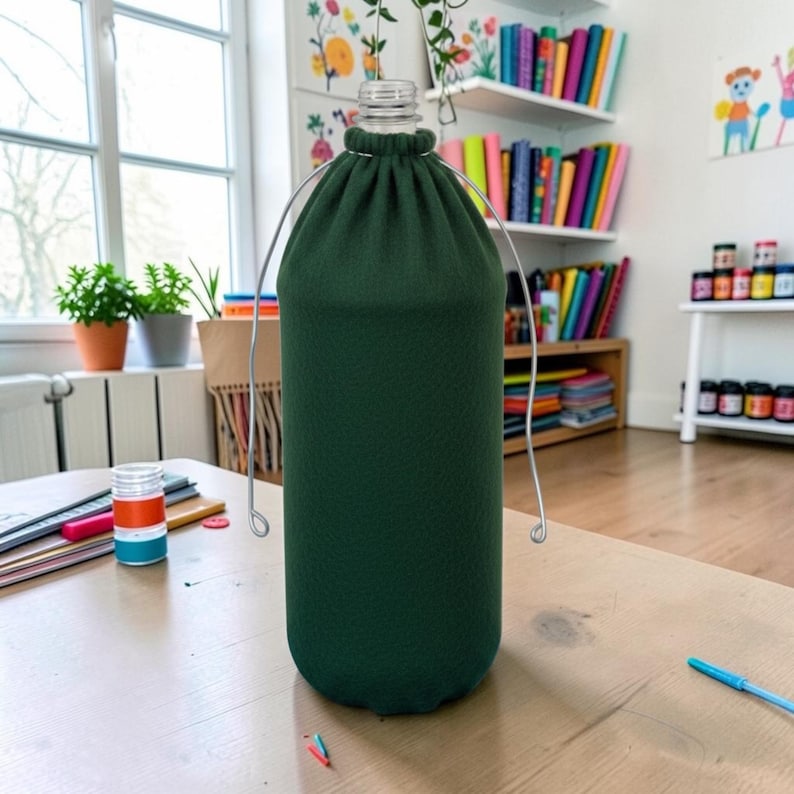Pu&ograve; includere: Una custodia per bottiglia in tessuto verde scuro con chiusura a coulisse sulla parte superiore. La custodia presenta un sottile manico in filo metallico argentato che parte dal collo della bottiglia e si curva verso il basso su entrambi i lati.